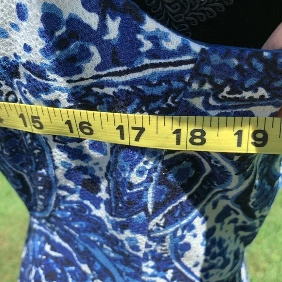 ADRIANNA PAPELL Blue Paisley print scoop neck cap sleeve cotton bodycon sheath - Picture 6 of 10